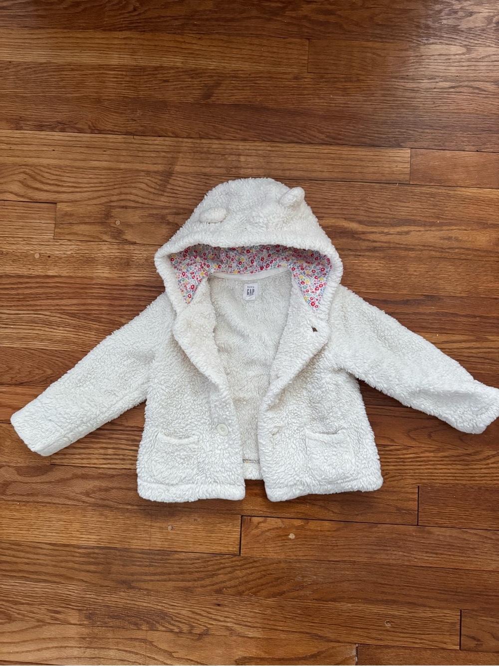 GAP Cream Plush Hooded Puffer with Floral Hood Lining